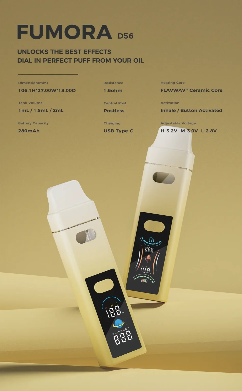 FUMORA D56 postless disposable vape with digital screen and adjustable airflow