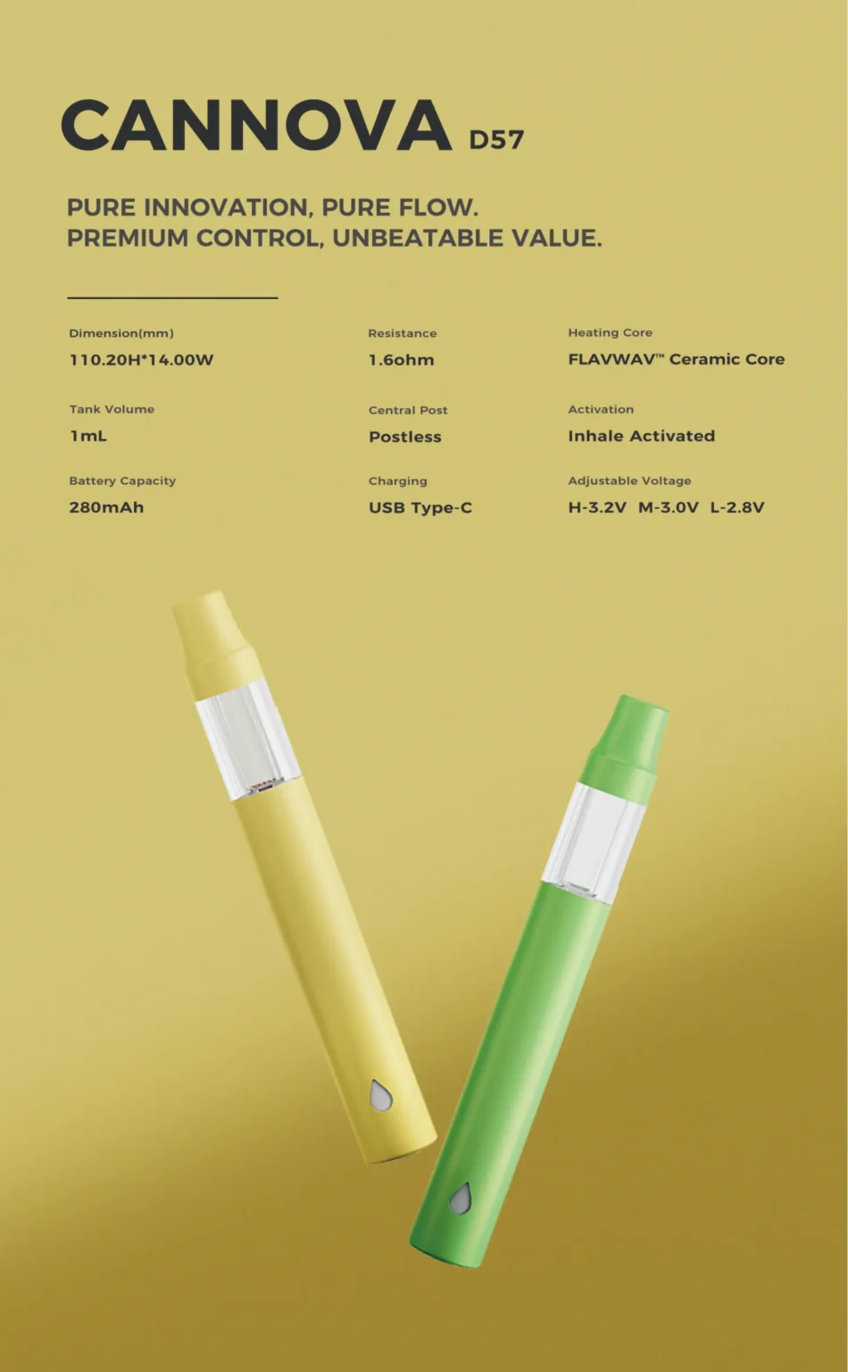 CANNOVA D57 1ml ergonomic postless disposable vape pen